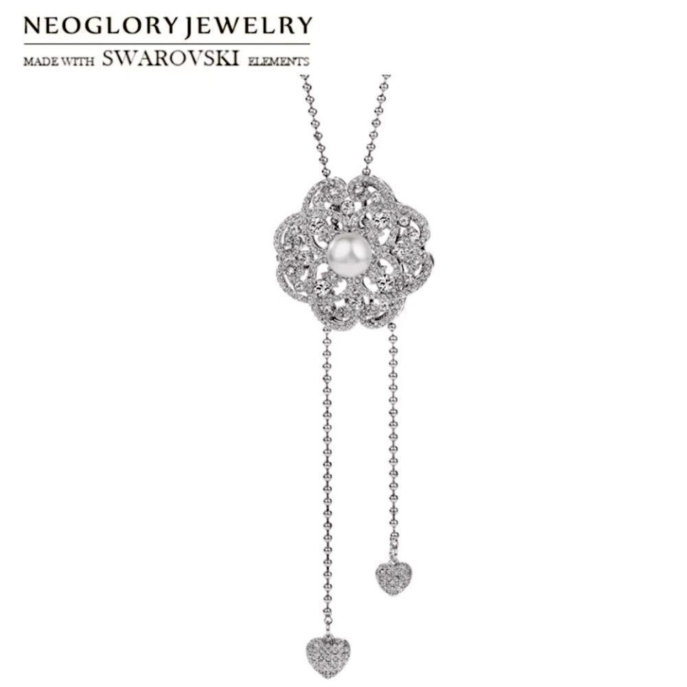 BNIB!! NEOGLORY VINTAGE SWAROVSKI CRYSTAL & PEARL FLORAL LONG SLIDE PENDANT S925